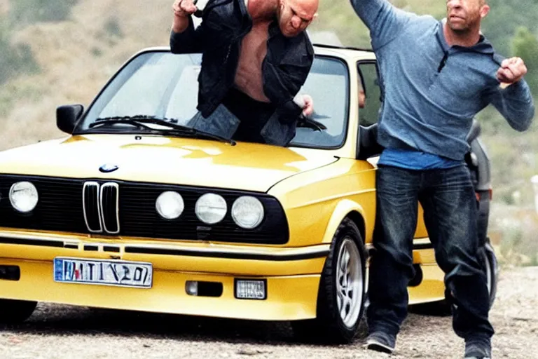 Image similar to Angry Jason Statham lifts BMW e30 in his arms,