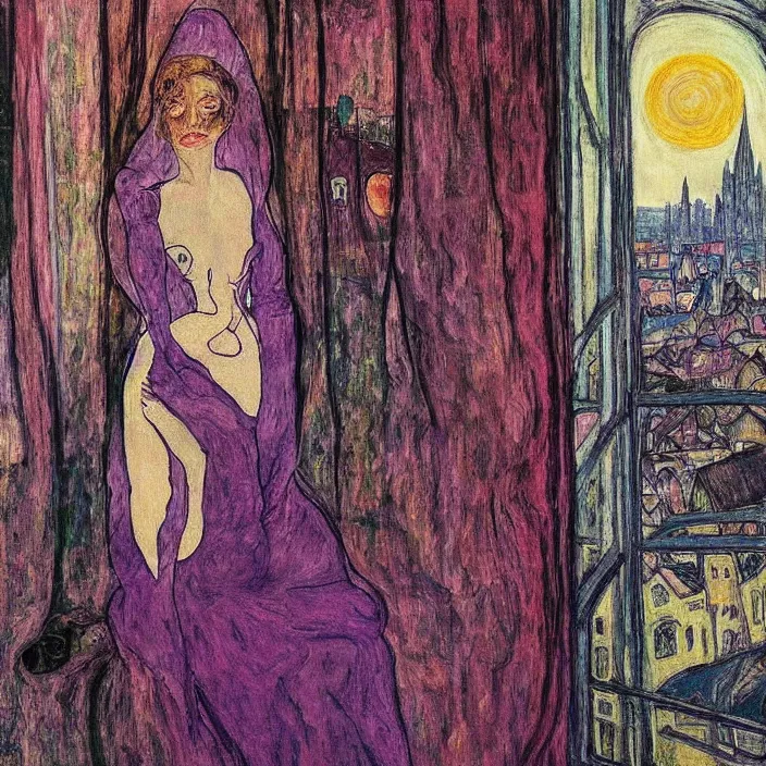 Image similar to close portrait of woman in transparent vaporous night gown with cat and iris, with city with gothic cathedral seen from a window frame with curtains. sun through the clouds, vivid iridescent psychedelic colors. munch, egon schiele, henri de toulouse - lautrec, utamaro, monet