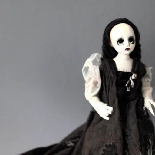 Prompt: Antique dolls noir 35mm haunted black & white asylum crow