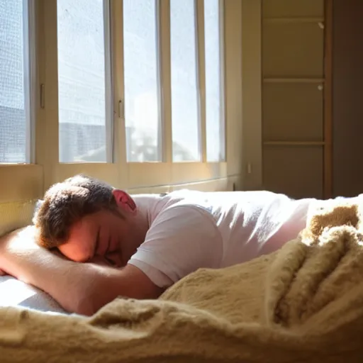 Prompt: guy sleeping on his bed face down shutter letting in sunlight bed is a mess