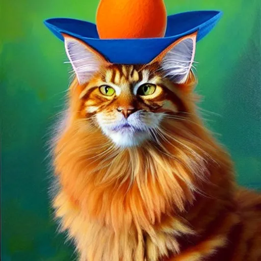 Image similar to Beatiful Oil painting of an orange Maine-coon with white beard, wearing sombrero