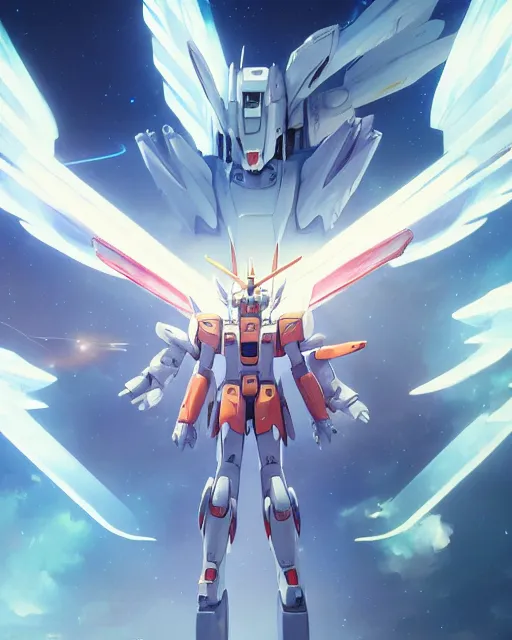 Image similar to highly detailed vfx portrait of an angelic gundam with wings of feathers beam saber fighting in space with a beam gun, unreal engine, greg rutkowski, loish, rhads, beeple, makoto shinkai and lois van baarle, ilya kuvshinov, rossdraws, tom bagshaw, alphonse mucha, global illumination, detailed and intricate environment