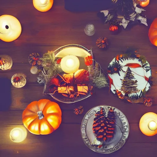 Prompt: [ christmas - halloween ]!! aesthetic!!, trending on unsplash, [ 4 k photorealism ]!!, professional photography, [ overhead view of a table ]!!, shot by jimmy nelson