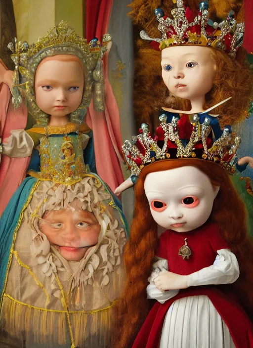 Prompt: closeup medieval jan van eyck face portrait of tin toy greta thunberg as a fairytale princess wearing a crown eating cakes in the castle, bikini, detailed and intricate environment, nicoletta ceccoli, mark ryden, lostfish, hyperrealistic, octane render