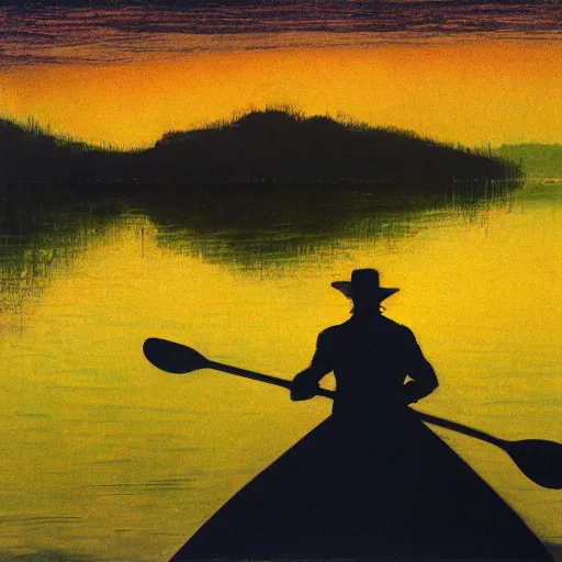 Prompt: silhouette of a man standing in a rowboat, lake, whisps of fog, moonlit night, by peter doig