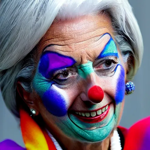 Image similar to Christine Lagarde with colorful clown makeup all over her face