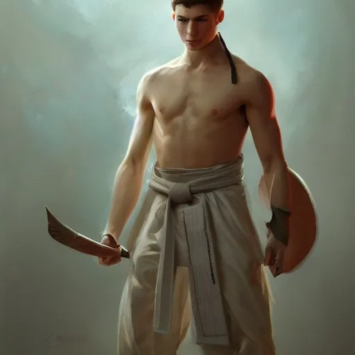 Image similar to A detailed matte oil on canvas painting of a young white male martial artist monk, orchid arm tattoos by greg rutkowski and Charlie bowater, trending on artstationhd, dungeons and dragons art