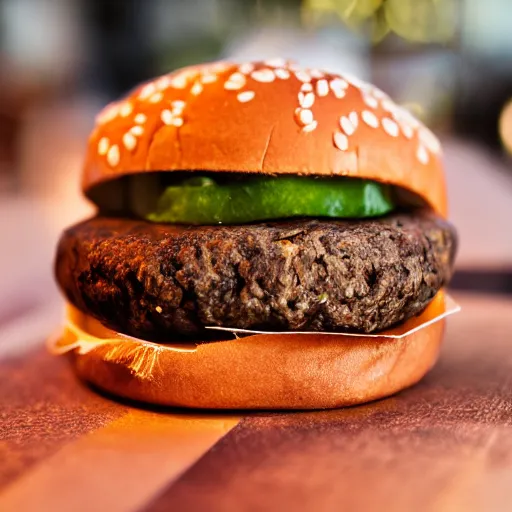 Image similar to perfect bean burger, award winning photo, food photography, golden hour