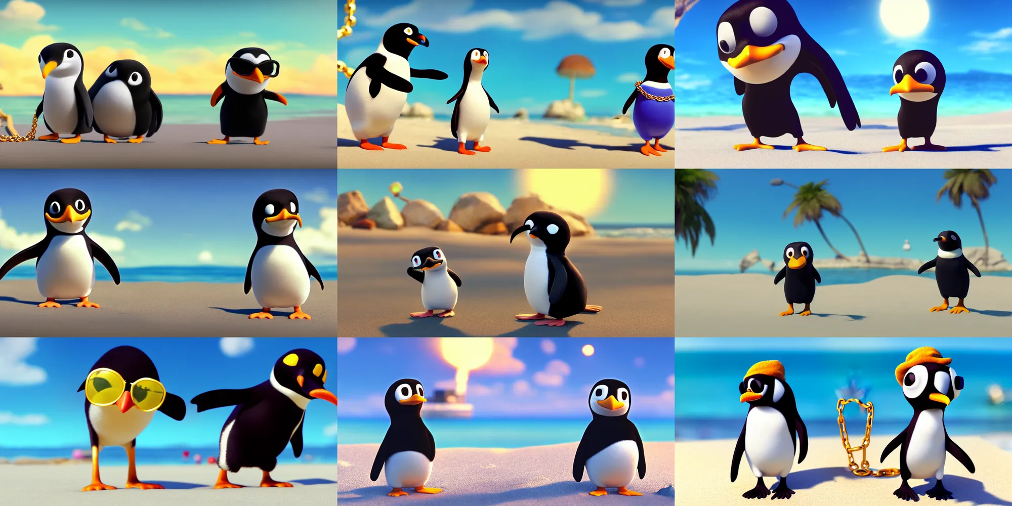 Prompt: a wholesome animation key shot of pingu with a gold chain necklace at the beach, wearing sunglasses, medium shot, waist up, pixar and disney animation, sharp, rendered in unreal engine 5, anime key art by greg rutkowski, bloom, dramatic lighting