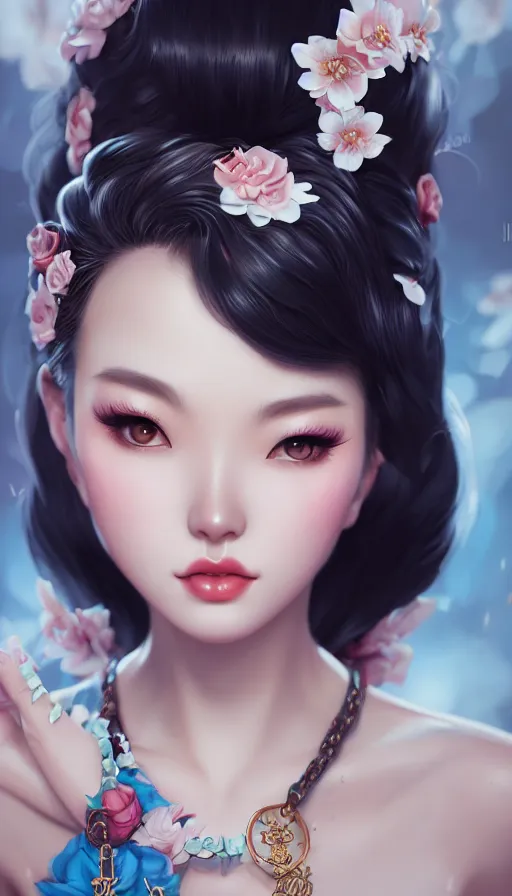 Image similar to a pin up and beautiful fashion and charming and dreamlke asian girl, lv jewelry, art by artgerm & jeehyung lee & wlop, hyperdetailed, 8 k realistic, symmetrical, frostbite 3 engine, cryengine, dof, trending on artstation, digital art