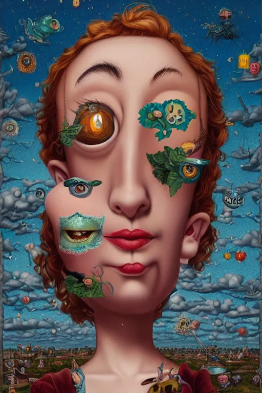 Image similar to a woman with many eyes using her head to catch trash Mark Ryden and Alex Gross, Todd Schorr highly detailed