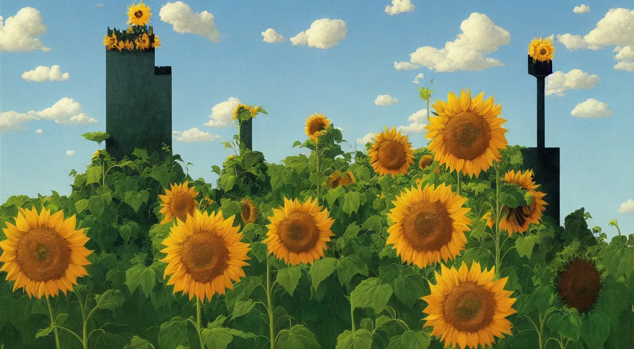 Prompt: single flooded simple sunflower tower!, very coherent and colorful high contrast!! masterpiece by rene magritte simon stalenhag carl spitzweg syd mead norman rockwell edward hopper james gilleard, minimalist, dark shadows, sunny day, hard lighting