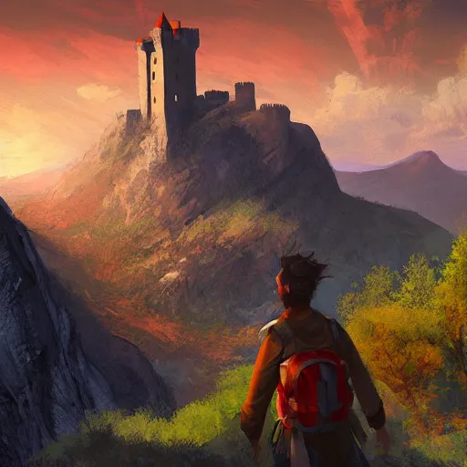 Image similar to a traveler on a mountain overlooking a castle in a valley, game art, digital painting, golden hour,