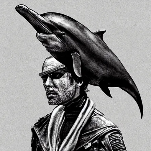 Prompt: A dolphin dressed like in Mad Max in the style of a DnD character portrait, concept art