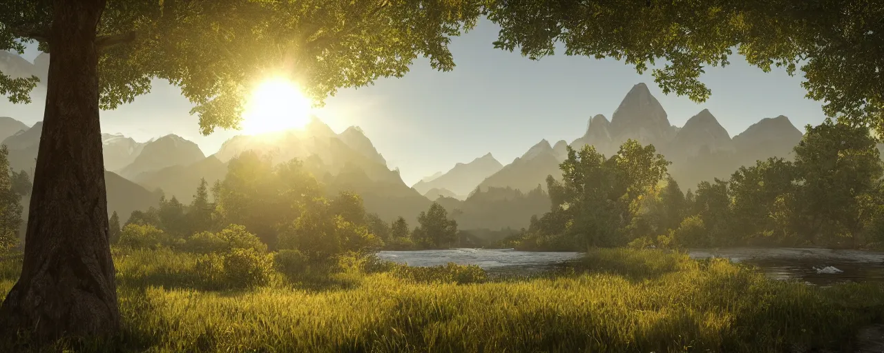 Image similar to big realistic tree near to a river on sunset with reflection on the leaves and mountains in the background, landscape, extremely high fidelity, 8 k, super resolution, concept art, cinematic view, super resolution, unreal engine 5, perspective 3 d octane render, light rays, lens flare, epic, hyperdetailed