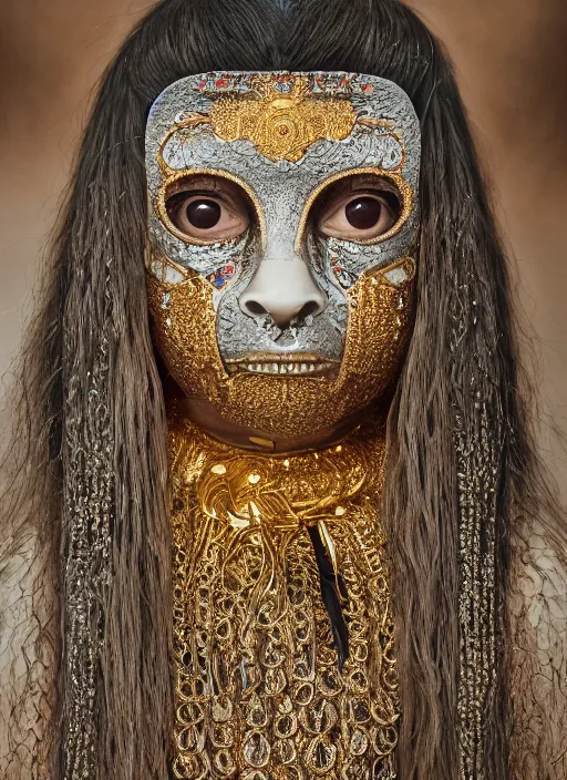 Prompt: hyperrealism, detailed textures, award winning photo, symetrical japanese medusa queen autochrome portrait, silverplate, intricate, detailed facial animal mask, golden jewelery, silverplate, ultra realistic, cinematic, intricate, cinematic light by steve mccurry, unreal engine 8 k