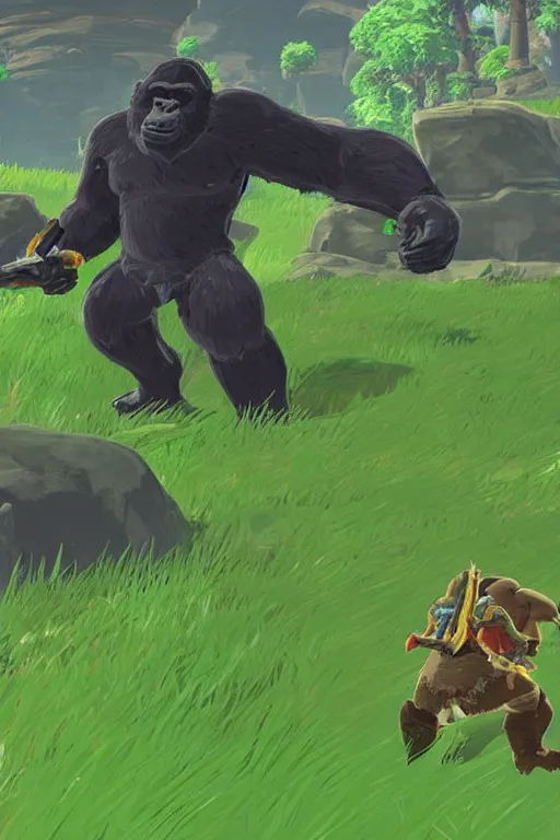 Prompt: an in game footage of a gorilla from the legend of zelda breath of the wild, breath of the wild art style.