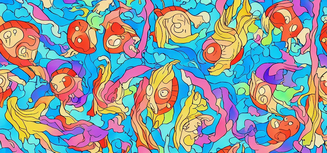 Image similar to colorful pattern of water in the style of ghibli, zelda, ponyo