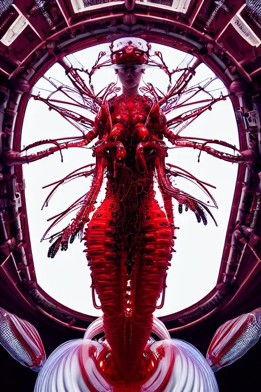 Image similar to background space station, red baroque inflateble dress iris van herpen positing on floor, helmet instead of a head, perfect symmetrical, full body shot, inflateble shapes, wires, tubes, veins, jellyfish, white biomechanical details, wearing epic bionic implants, masterpiece, intricate, biopunk, vogue, highly detailed, artstation, concept art