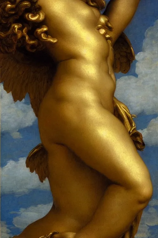 Image similar to Fallen angel by Alexandre Cabanel, face, closeup, ultra detailed, made in gold, Guido Reni style