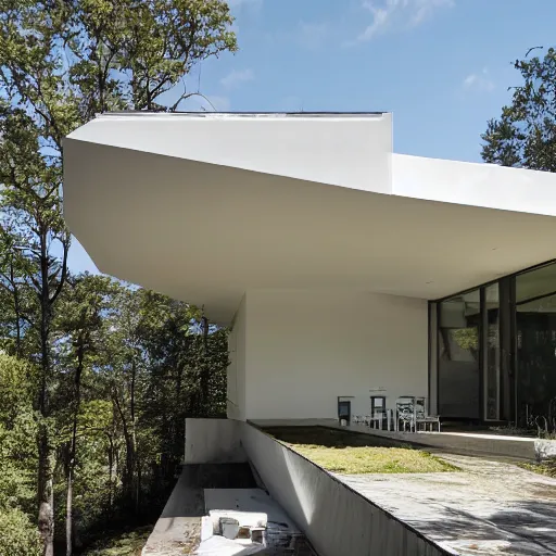 Image similar to second story cantilevered white brutalist elevated home on top of 2 large oblong piers