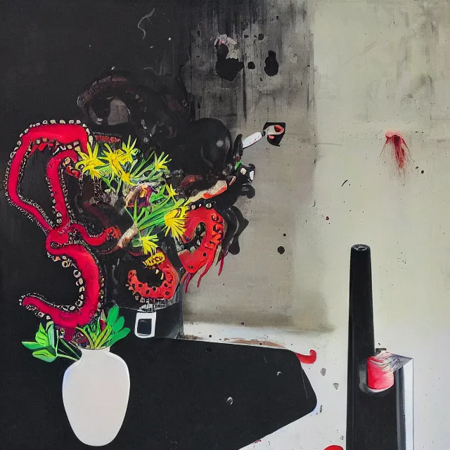 Prompt: empty room with black walls, sensual portrait of a woman, japanese vase, spilled flowers, puddle of water, octopus, squashed berries, neo - expressionism, surrealism, acrylic and spray paint and oilstick on canvas