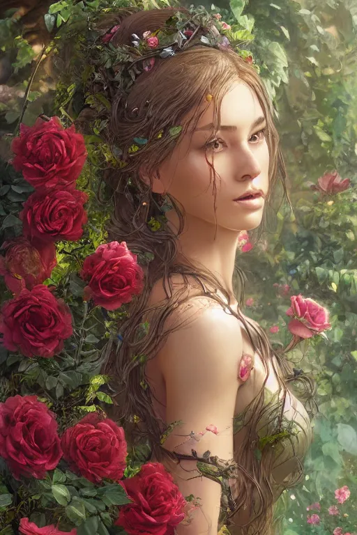 Image similar to beautiful woman in the middle of a lush garden with roses in her hair and an intricate gown, highly detailed, portrait, artstation, art by artgerm and greg rutkowski,