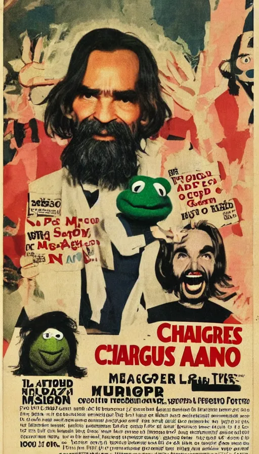 Image similar to vintage magazine advertisement depicting charles manson hosting the muppet show