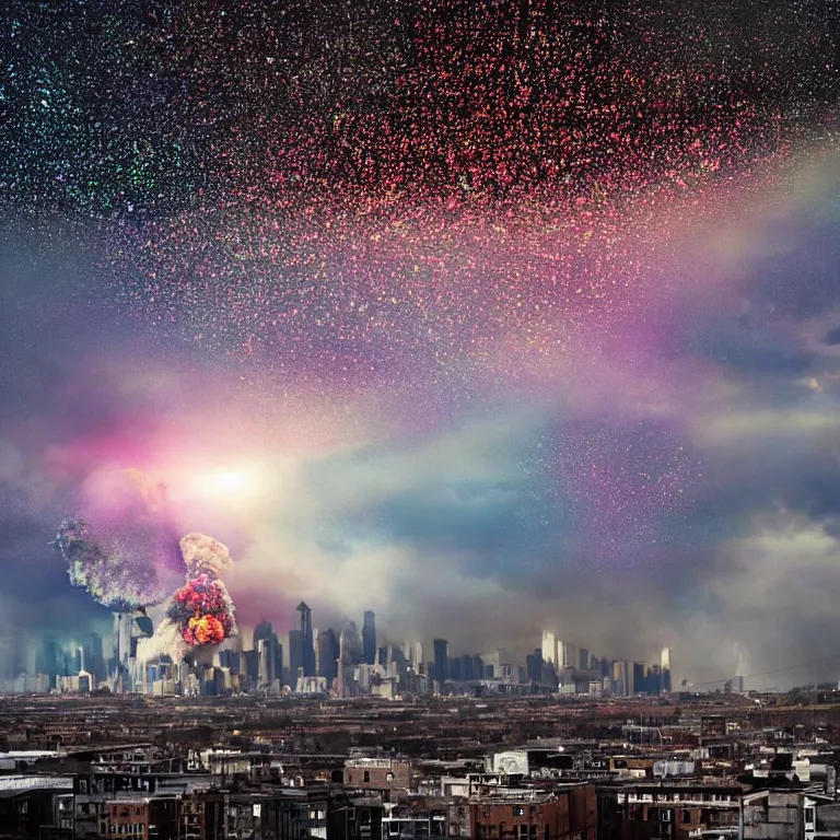 Image similar to huge glitter bomb explosion above city, mushroom cloud, flash illuminating city