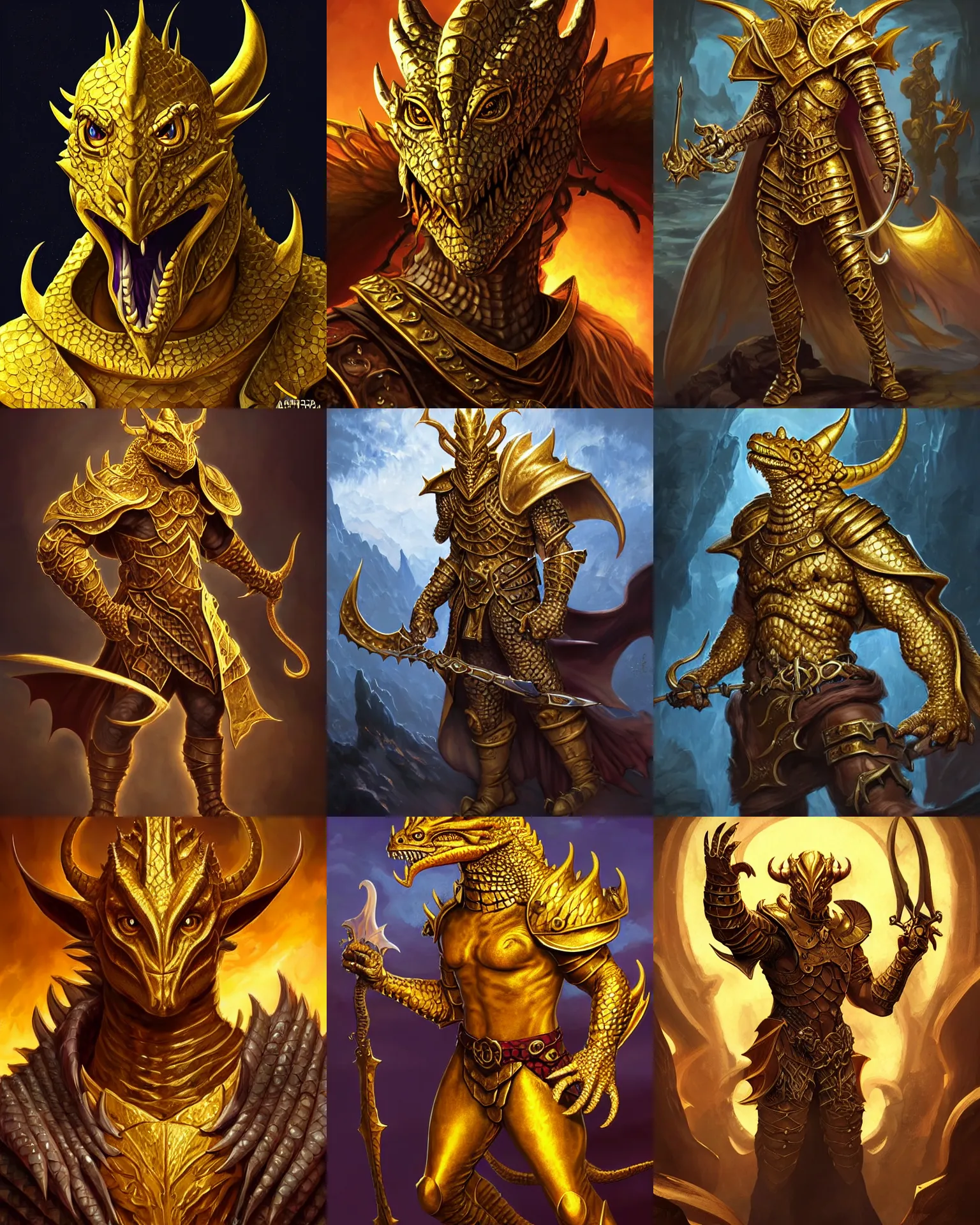 Prompt: dungeons and dragons character concept portrait, golden scaled dragonborn male with lizard eyes, !!!gold scales!!!, !!!white teeth!!! Paladin, Detailed, High quality, dynamic lighting, fantasy, Artwork by Artgerm, WLOP, Alex Ross, Greg Rutknowski, Alphonse Mucha