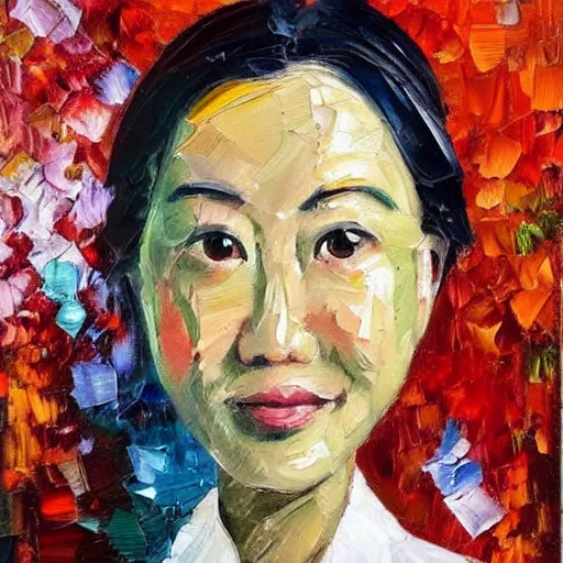 Prompt: pallet knife oil painting of a female asian police psychiatrist