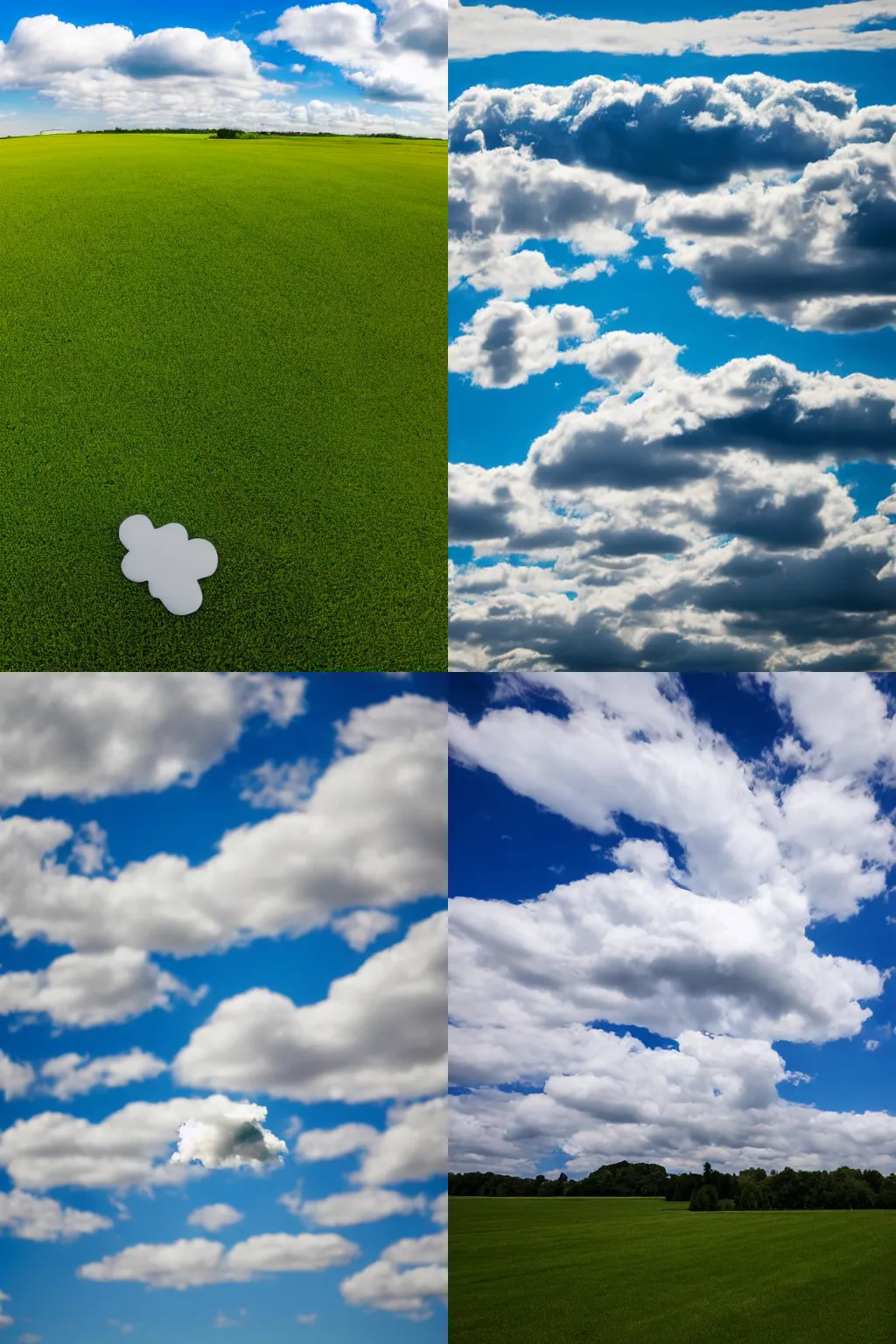 Prompt: wide-angle photo of a single white cloud on a blue sky above a green field, 4k, high quality, Nikon 10mm