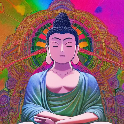 Image similar to highly detailed full body picture of Buddha in the style of Studio Ghibli, concept art, digital art, studio lightning, bright colors, intricate, masterpiece, photorealistic, hiperrealistic, sharp focus, high contrast, intricate, Artstation HQ, DeviantArt trending, 4k UHD, Unreal Engine 5