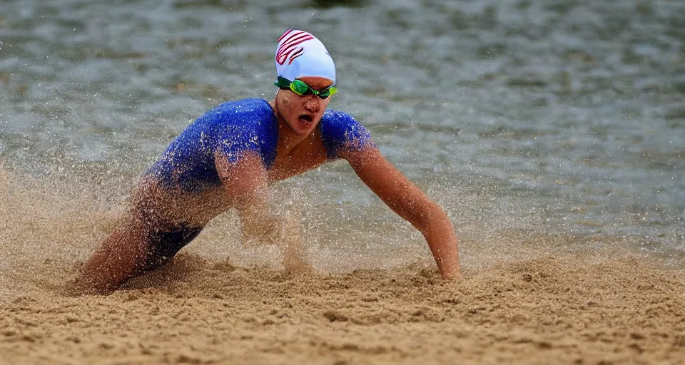 Image similar to olympic swimming in sand instead of water, extremely coherent, motion blur