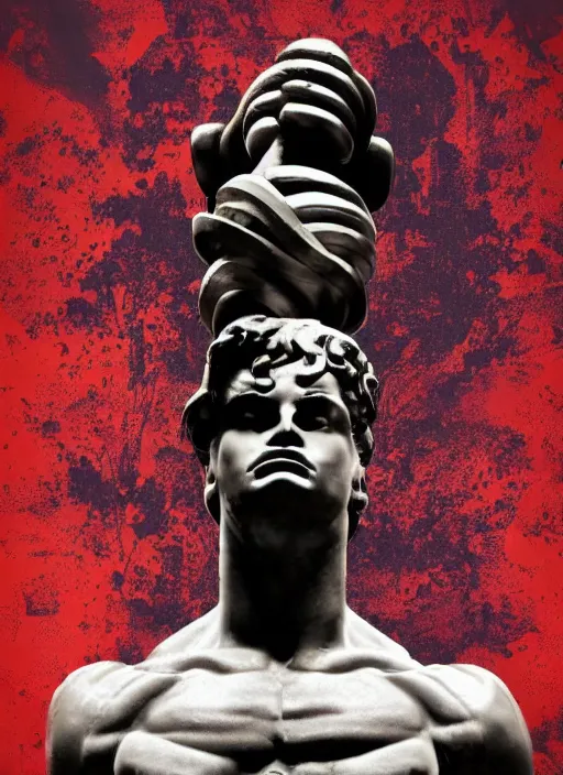 Image similar to design poster showing a statue of hercules, black background with very subtle red and purple design elements, powerful, nekro, vito acconci, graphic design, collage art, subtle thin straight lines, dark, glitch art, neo vaporwave, gritty, layout frame, square, trending on artstation