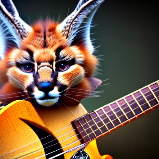 Image similar to cute fluffy caracal playing a guitar, fully detailed, high quality , 4k , octane render , soft light , masterpiece