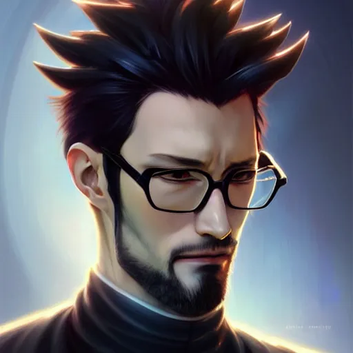 Prompt: portrait of gendo ikari evangelion, male, thin pursed lips, sharp jaw light black hair soft hair swept back short length hair, anime, fantasy, intricate, elegant, highly detailed, digital painting, artstation sharp focus, hunterpedia madonna art by artgerm and ruan jia and ross tran