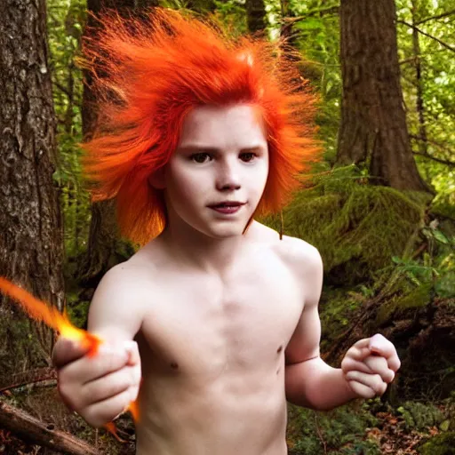 Prompt: a photo of a boy with firey hair in the woods training his powers 1 9 7 7 photo, realistic, photorealistic, detailed,