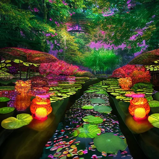 Prompt: photorealistic beautiful lotus blossom forest at dusk with paper lanterns illuminating a cobblestone pathway. hyperdetailed photorealism, 1 0 8 megapixels, koi pond, amazing depth, glowing rich colors, powerful imagery, psychedelic overtones, 3 d finalrender, 3 d shading, cinematic lighting, artstation concept art