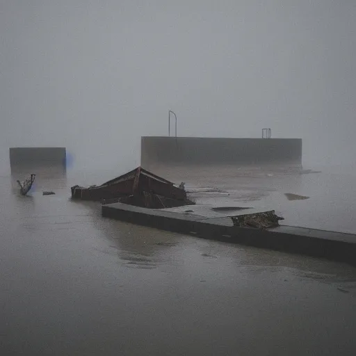 Prompt: shipwreck in front of concrete wall by Sean Yoro, dark, foggy, gloomy