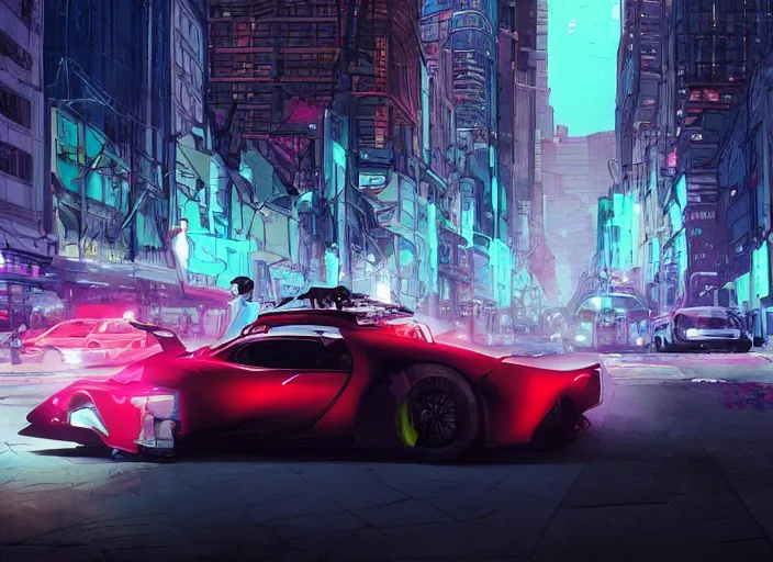 Image similar to a sport car in a city. sharp focus, cinematic pose, cinematic lighting, unreal engine render. art by josan gonzales and moebius and deathburger.