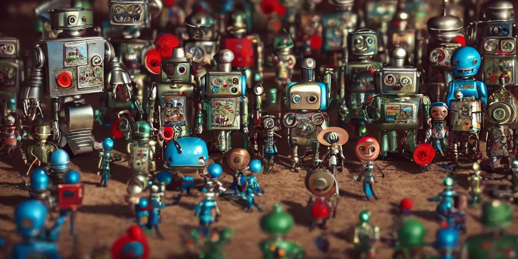 Prompt: closeup portrait of tin toy soldiers retro living room of robot family, depth of field, zeiss lens, detailed, centered, fashion photoshoot, by nicoletta ceccoli, mark ryden, lostfish, breathtaking, 8 k resolution, extremely detailed, beautiful, establishing shot, artistic, hyperrealistic, octane render, - h 8 0 4