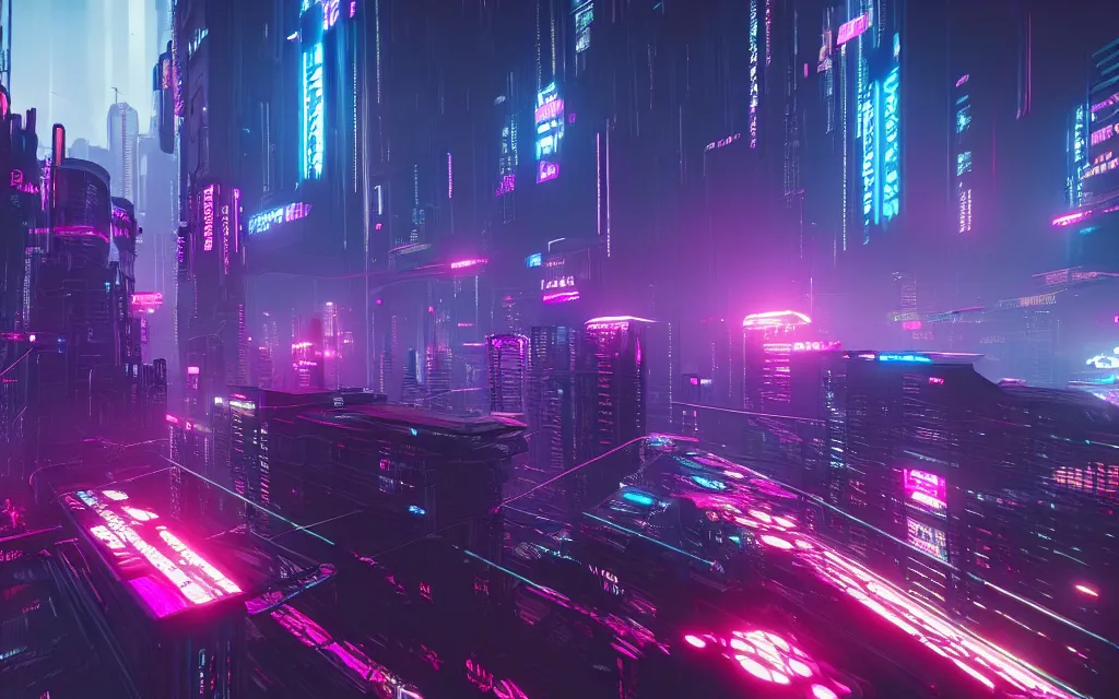 Image similar to highly futuristic cityscapes, cyberpunk aesthetics, intricate detail, neon color scheme, rendered in cryengine