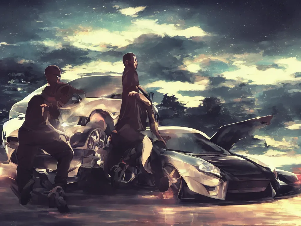 Image similar to Kanye West with a JDM car in makoto shinkai style, pixiv, 4k, wallpaper, high quality