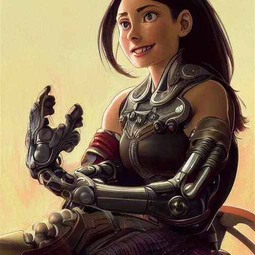 Image similar to portrait of Alita, looking at camera, D&D, intricate, elegant, stylish, cute smile, mouth slightly open, fantasy, extremely detailed, digital painting, artstation, concept art, smooth, sharp focus, illustration, stunning lighting, art by artgerm and greg rutkowski and alphonse mucha and simon stalenhag.