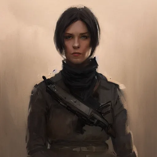 Prompt: Portrait of a woman by Greg Rutkowski, she is about 20 years old, round face, mixture between german and russian, black bob hair, attractive, determined but resentful look, she is wearing futuristic military fatigues with a black scarf, highly detailed portrait, scifi, digital painting, artstation, concept art, smooth, sharp foccus ilustration, Artstation HQ.