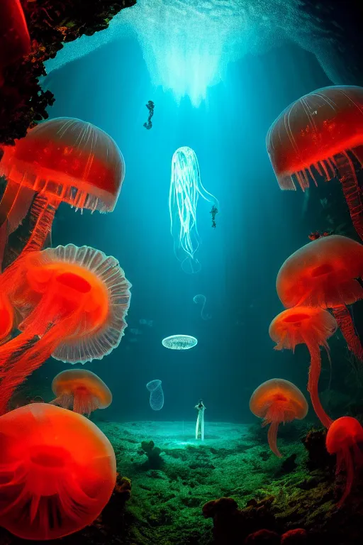 Image similar to high quality photo of cinematic underwater dystopian neo - gothic cathedral ruins with giant bioluminescent colorful aquatic plants and jellyfish, digital art masterpiece, aykut aydogdu eric zener, dramatic volumetric light, extreme long shot, ground angle uhd 8 k, sharp focus