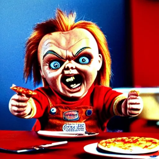 Image similar to Chucky the killer doll from the movie Child's Play eating Pizza at Pizza Hut