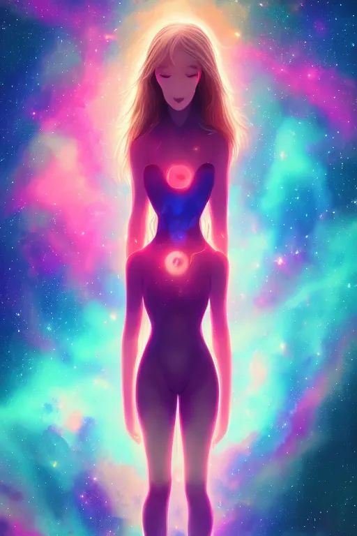 Prompt: A beautiful portrait of a single female cosmic being with a nebula as its body by Aenami Alena, 8K, UHD , Trending on artstation.