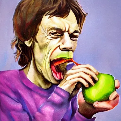 Prompt: mick jagger eating apple by anna platzke